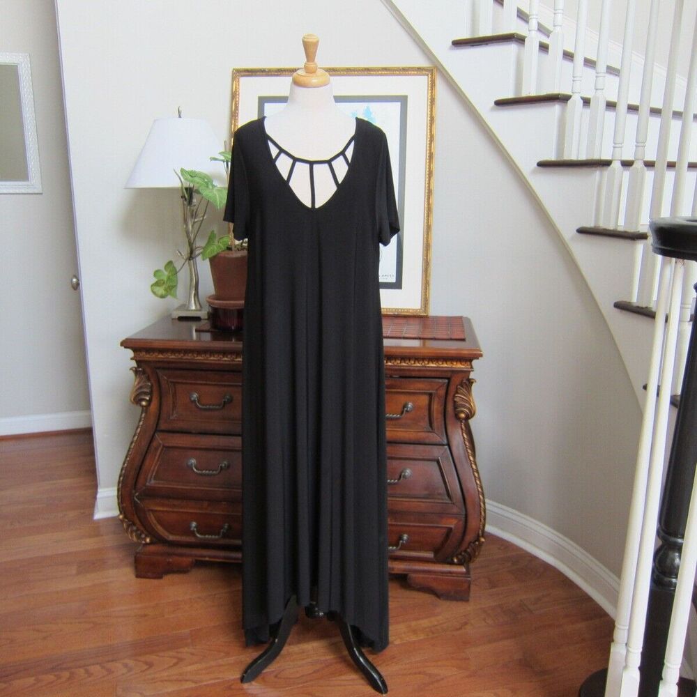 Lane Bryant Women Dress 18/20 Black Midi Swing Hi-Low Hem Strappy Neck NWOT